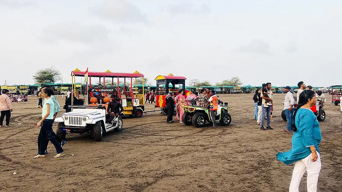 4 wheeler jeep ride and toy train for visitors at Dumas Beach Surat