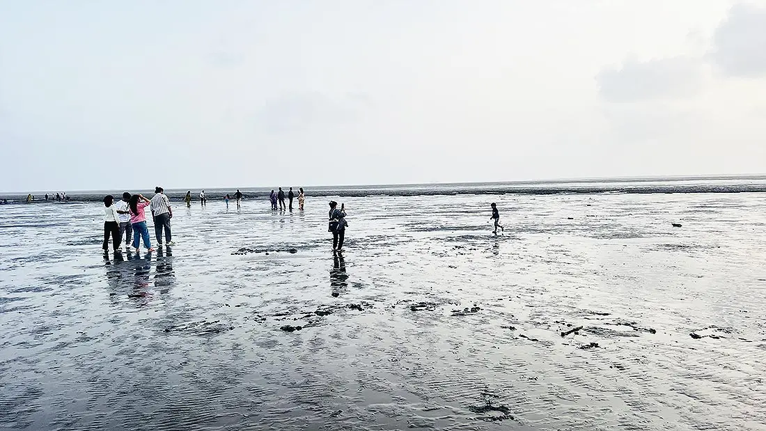 Visitors walking on wet sand at Dumas Beach Gujarat during low tide