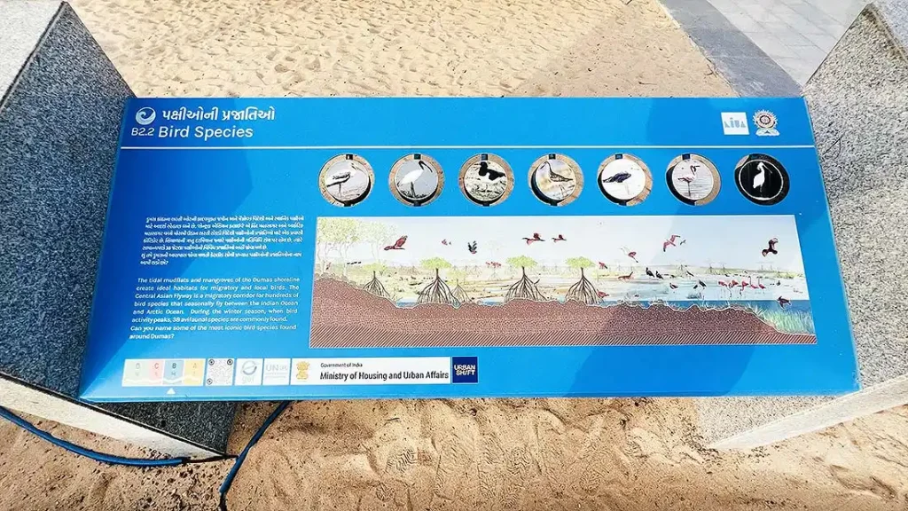 Bird Species information board at Dumas Sea Face Development Surat