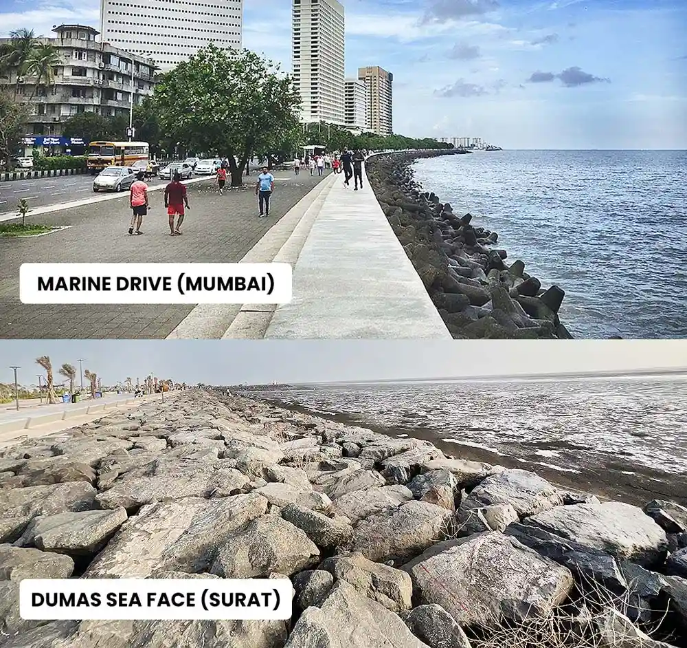 Comparison of Dumas Sea Face Surat and Marine Drive Mumbai promenade