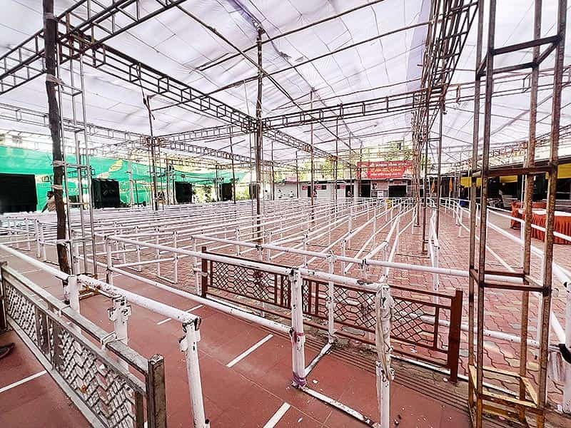 Open ground area behind Shyam Mandir Surat Gujarat with queue barricades after an event