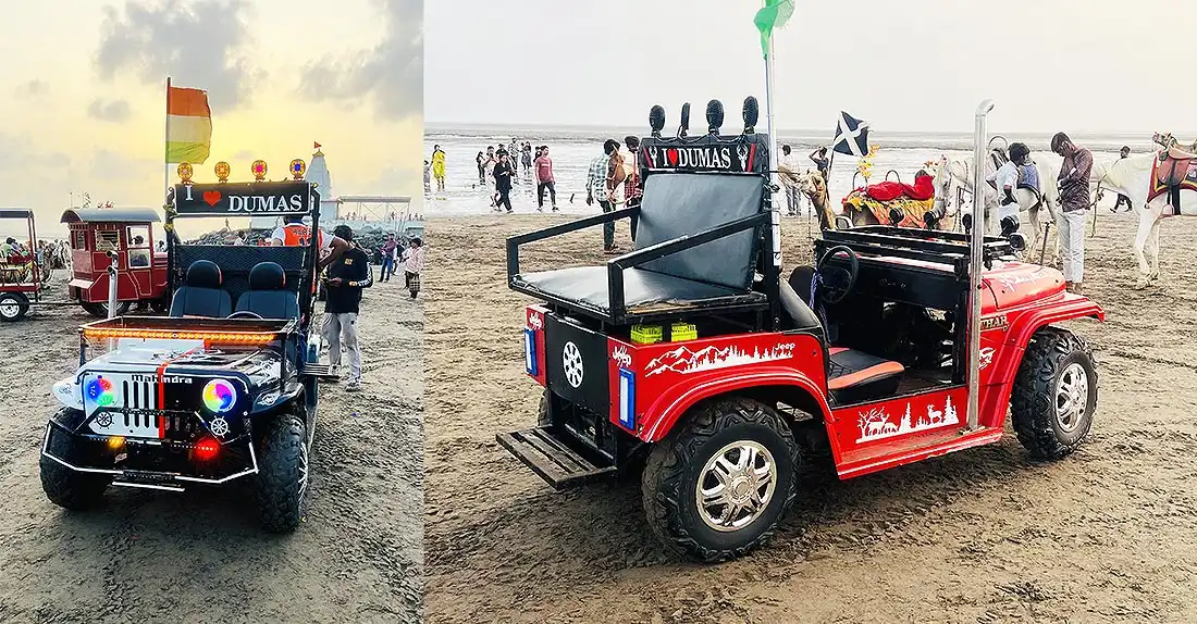 I Love Dumas black and red decorated jeeps for 4 wheeler ride at Surat Dumas Beach