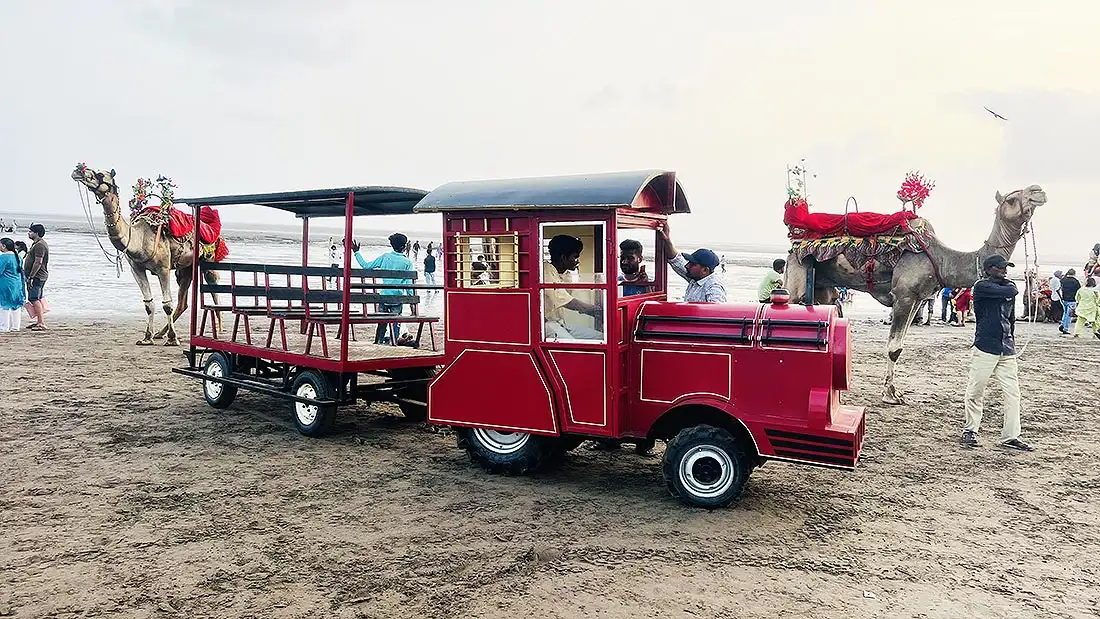 Second red toy train with camels at Surat Dumas Beach for kids ride